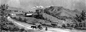 Vista del paesaggio in una rappresentazione d'epoca in cui compare lontano la villa sulla collina ed in priomo piano un carro con mulo e una donna che porta un cesto